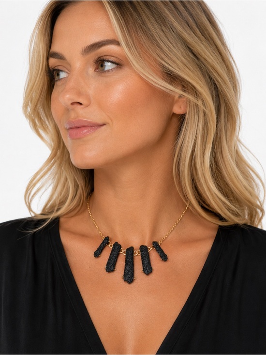 Sam Edelman Jewelry - NEW - Elegant Statement Black Druzy Stones & Gold Waterfall Pendants Necklace